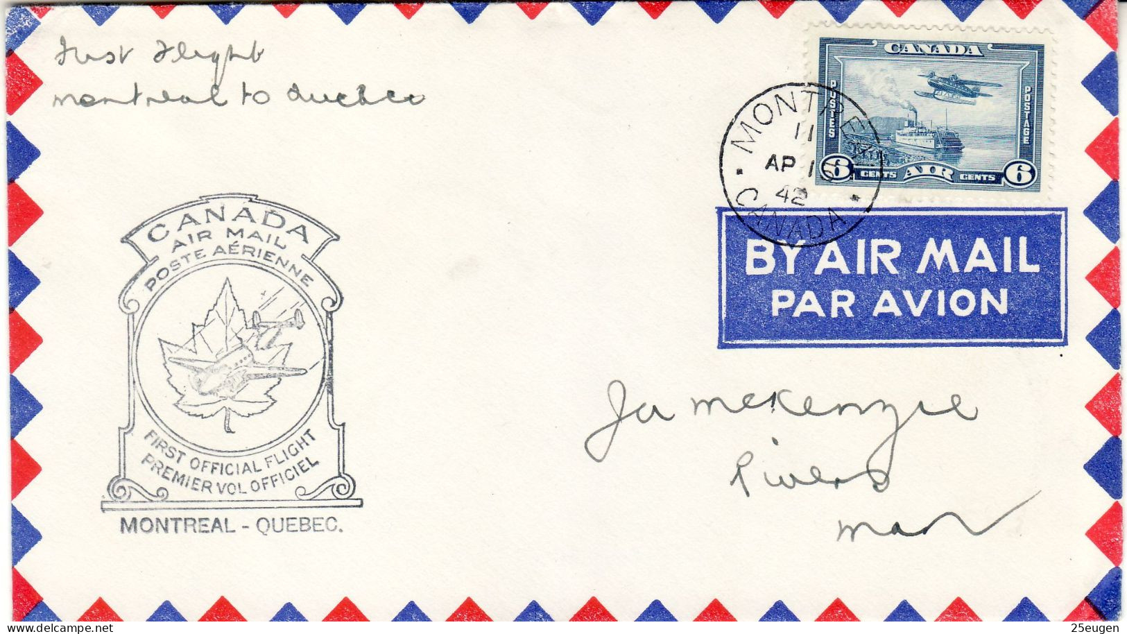 CANADA 1942 AIRMAIL  LETTER SENT FROM MONTREAL TO RIVERS - Brieven En Documenten