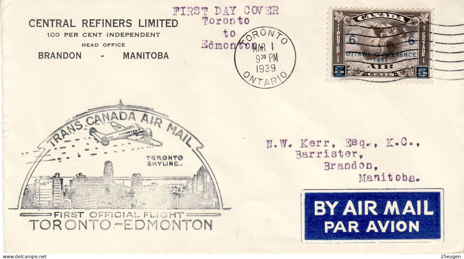 CANADA 1939 AIRMAIL  LETTER SENT FROM TORONTO TO BRANDON - Covers & Documents