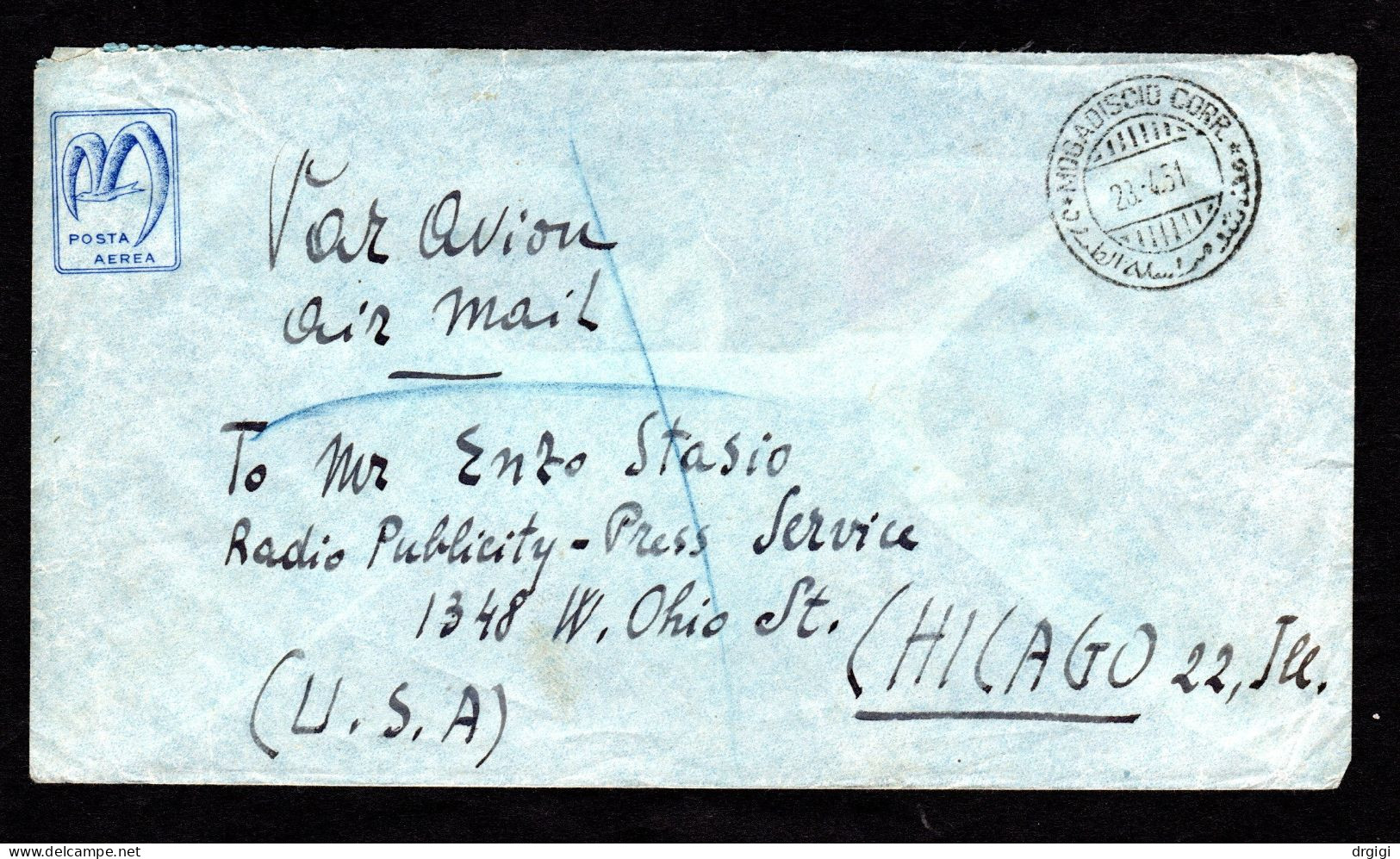 Somalia AFIS , BUSTA VIAGGIATA 1951, MOGADISCIO PER USA, NOTEVOLE - Somalia (AFIS)