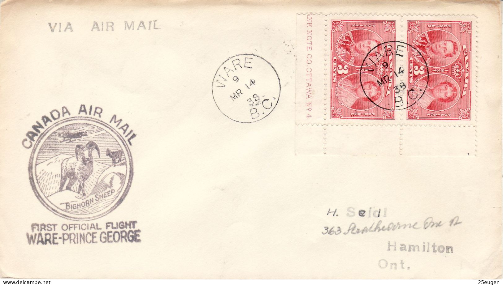 CANADA 1938 AIRMAIL  LETTER SENT FROM VIARE TO HAMILTON - Cartas & Documentos