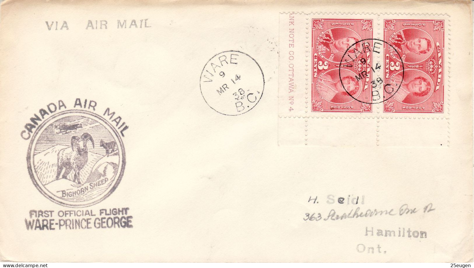 CANADA 1938 AIRMAIL  LETTER SENT FROM VIARE TO HAMILTON - Brieven En Documenten