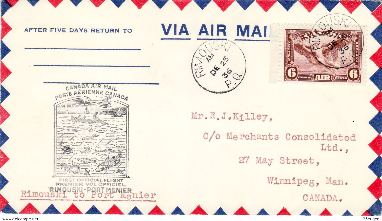 CANADA 1936 AIRMAIL  LETTER SENT FROM RIMOUSKI TO PORT MENIER - Brieven En Documenten