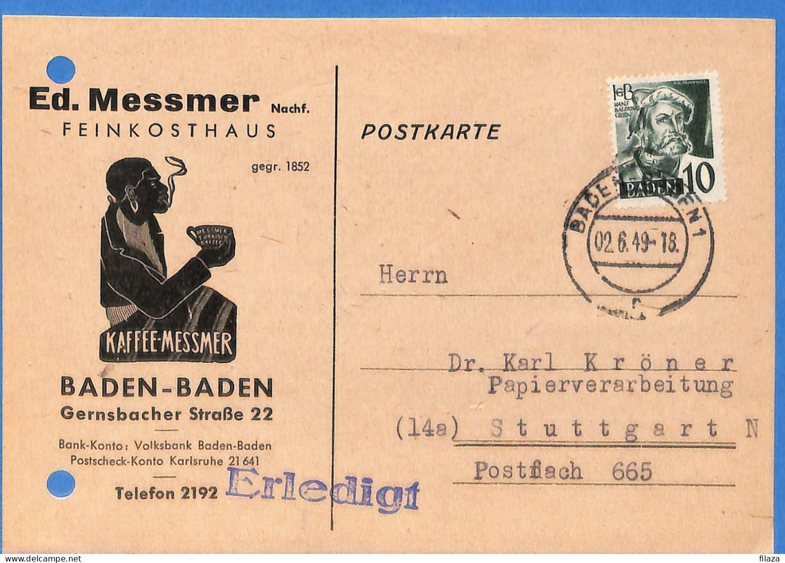 Allemagne Zone Française 1948 Carte Postale De Baden Baden (G22904) - Baden