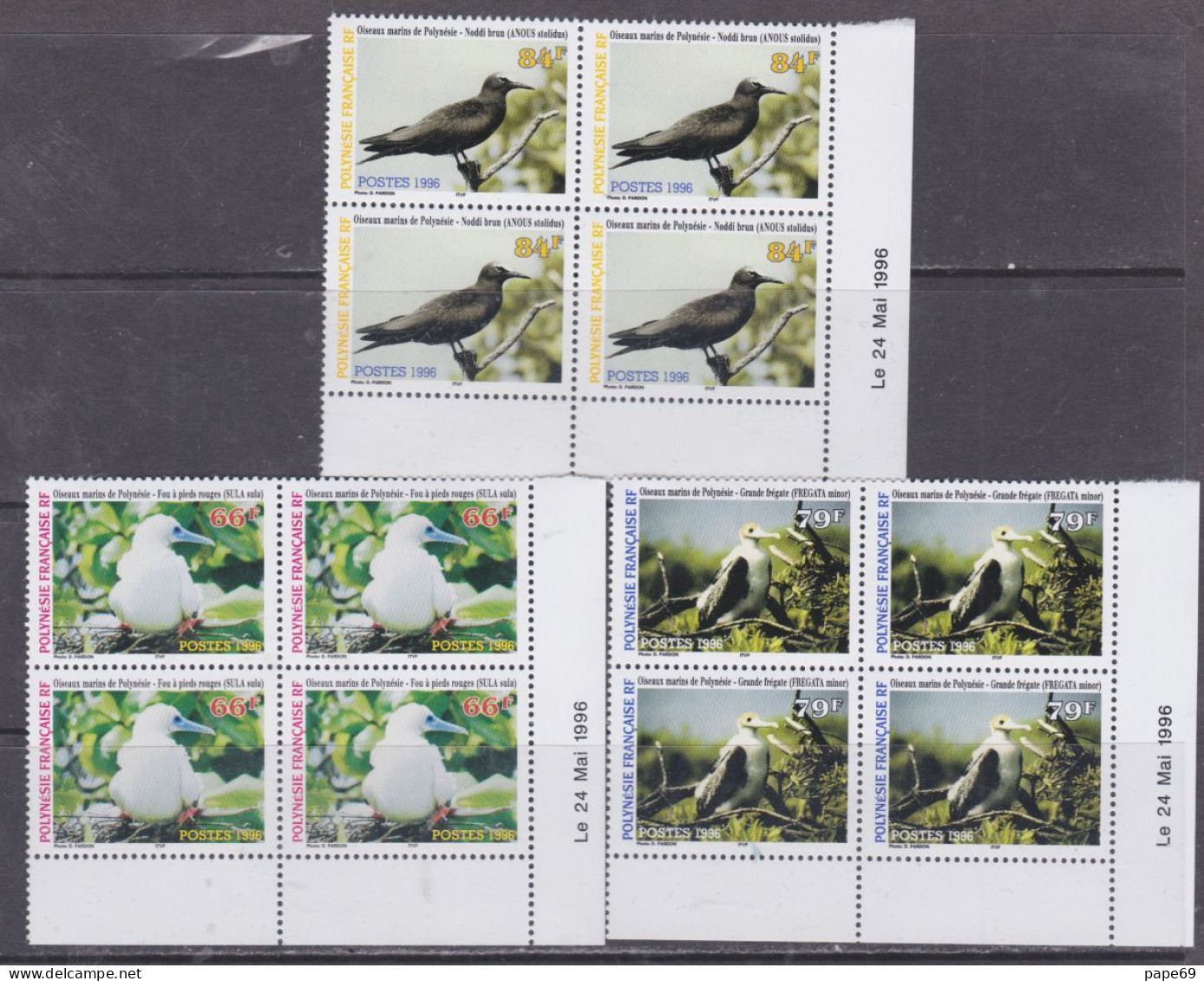 Polynésie N° 510 / 12 XX Oiseaux Marins De Polynésie, 3 Vals En Bloc De 4 Coin Daté Du 24 Mai 1996 Sans  Charnière, TB - Neufs