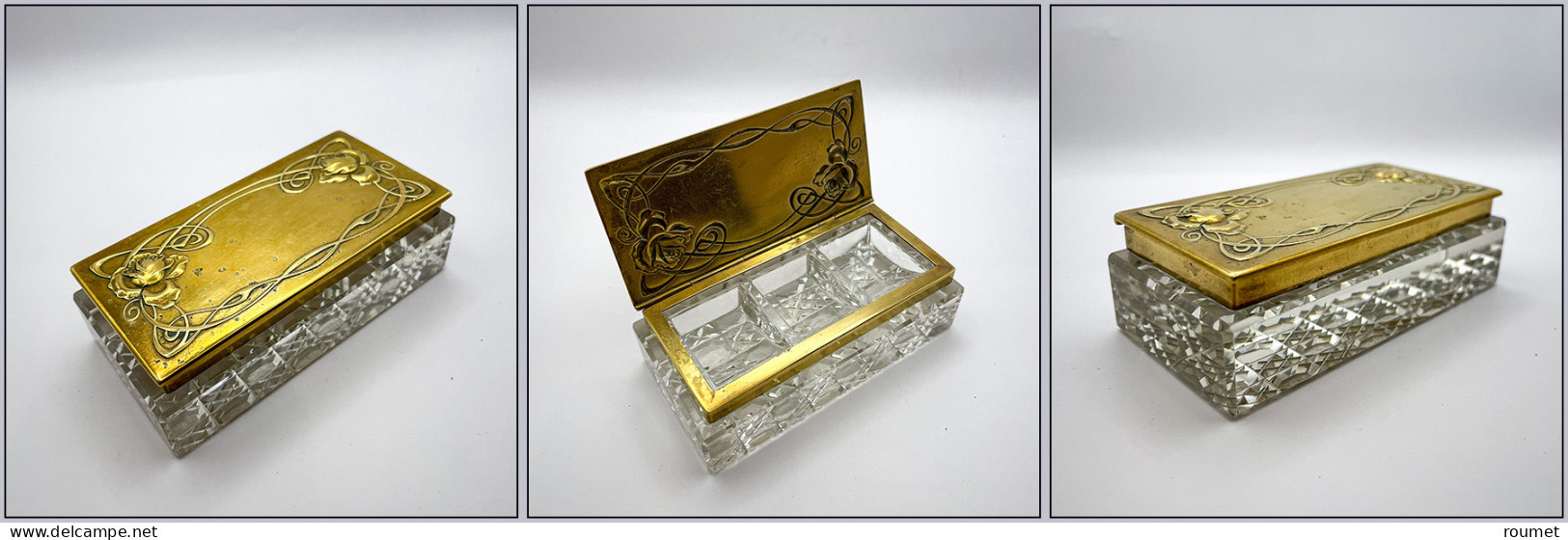 Boîte En Cristal, Cerclage Et Couvercle En Laiton Doré "Modern Style", 3 Comp., 105x80x30mm. - TB - Stamp Boxes