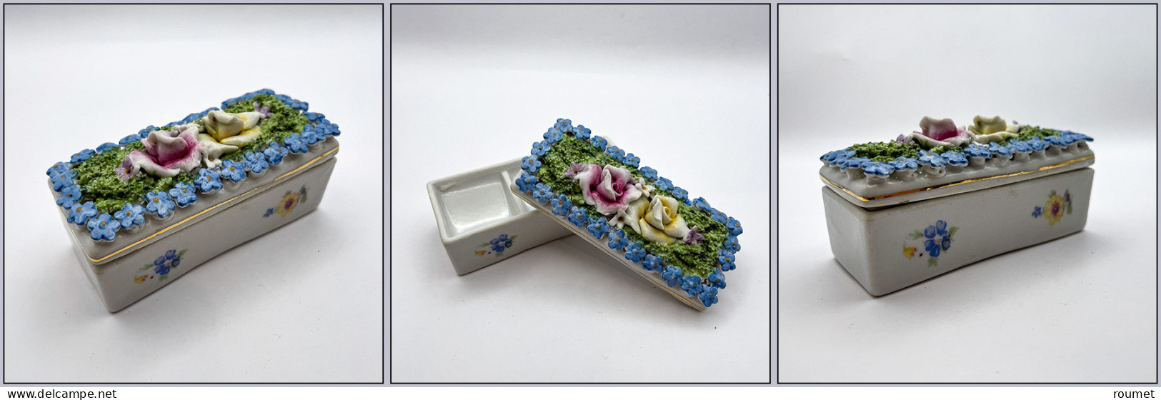 Boîte En Porcelaine Avec Fleurs En Relief Sur Le Couvercle Amovible, 2 Comp., 85x35x35mm. - TB - Stamp Boxes