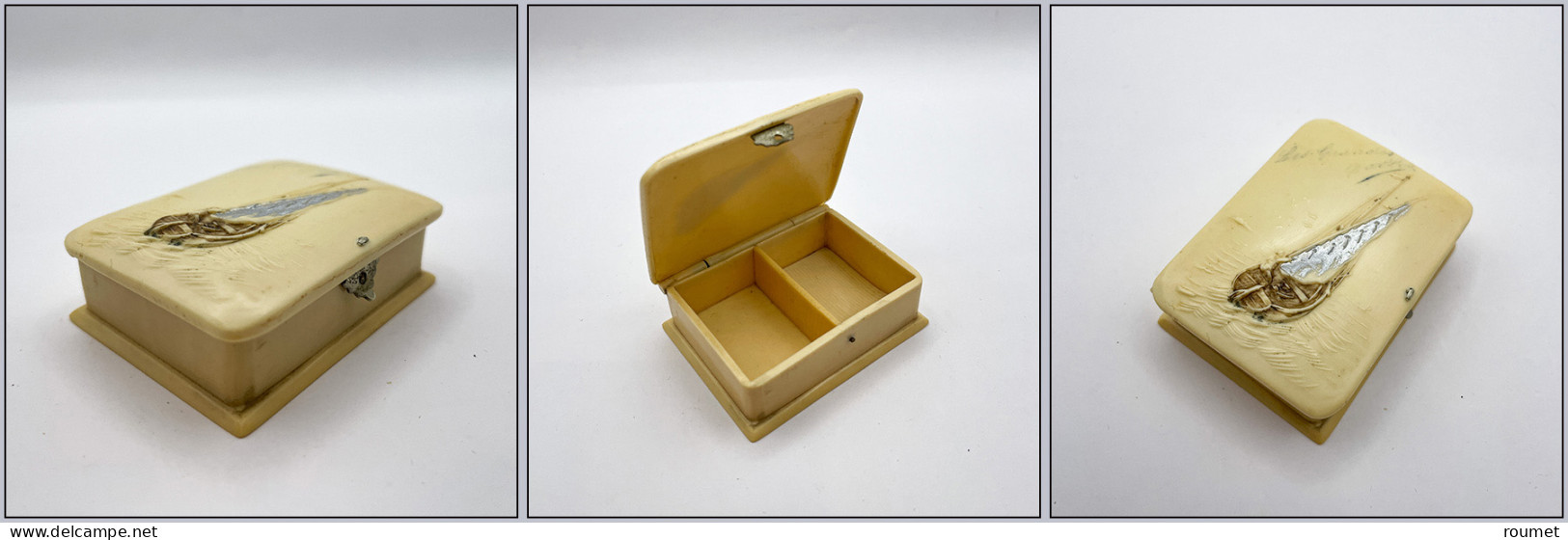 Boîte En Ivoirine à Décor De Voilier, 2 Comp., 55x40x15mm. - TB - Kisten Für Briefmarken