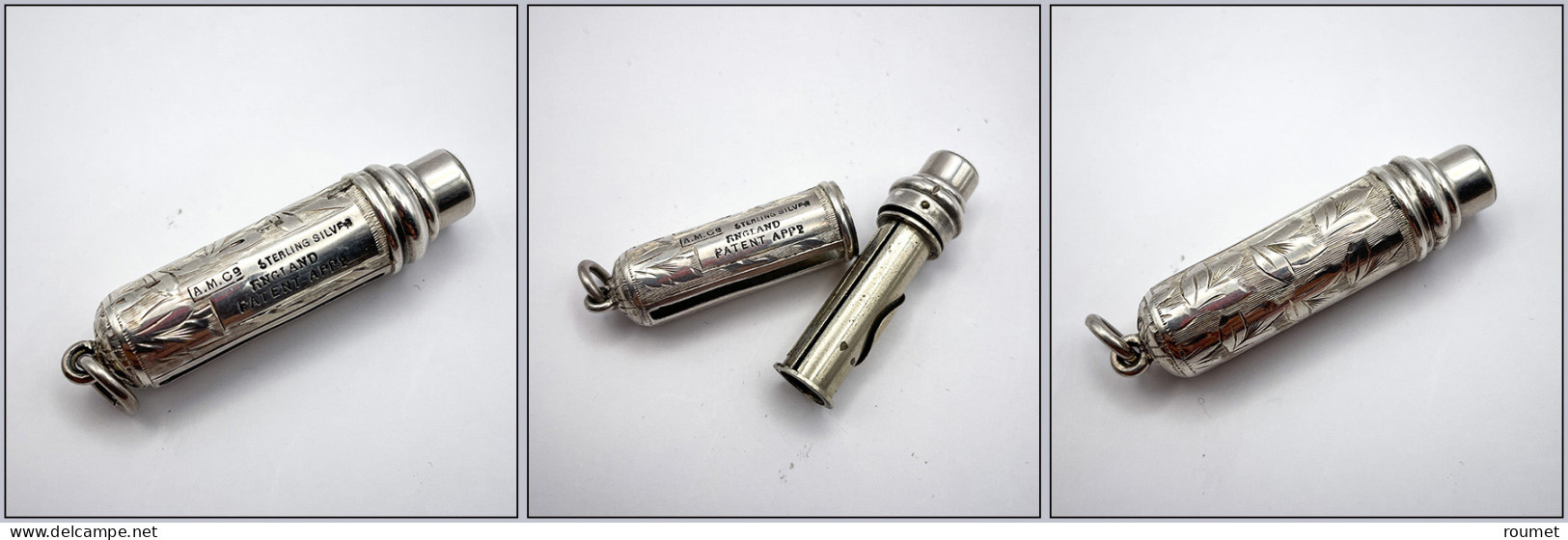 Distributeur De Roulettes. Modèle Tube En Argent, Format De Poche Avec Fin Décor Et Anneau, 50mm, Superbe - Contenitore Per Francobolli