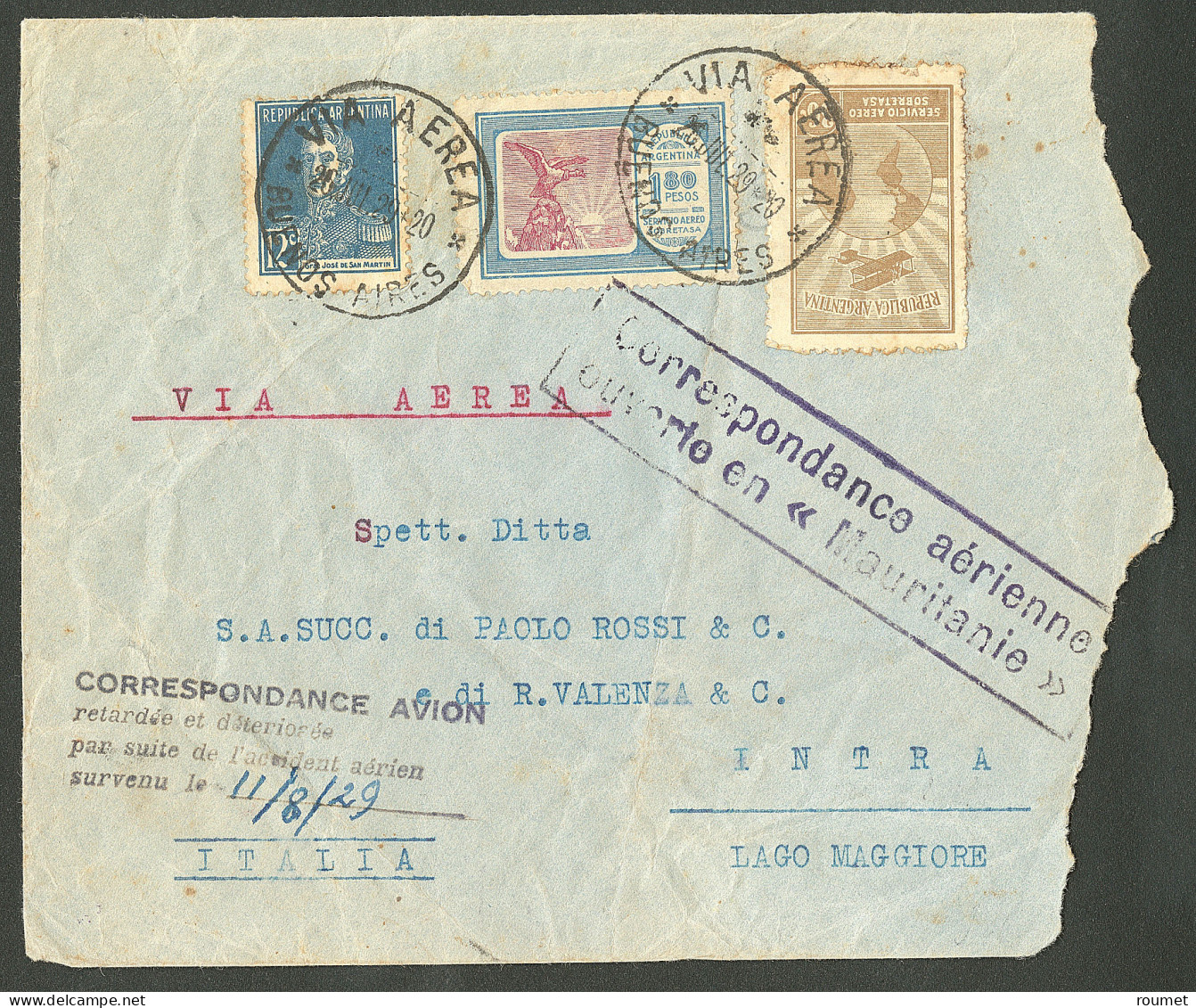 Lettre 20.07.29, Enveloppe Def Afft Argentine Obl Buenos Aires, Avec Griffe "Ouverte En Mauritanie" Et Griffe 4 Lignes " - Sonstige & Ohne Zuordnung