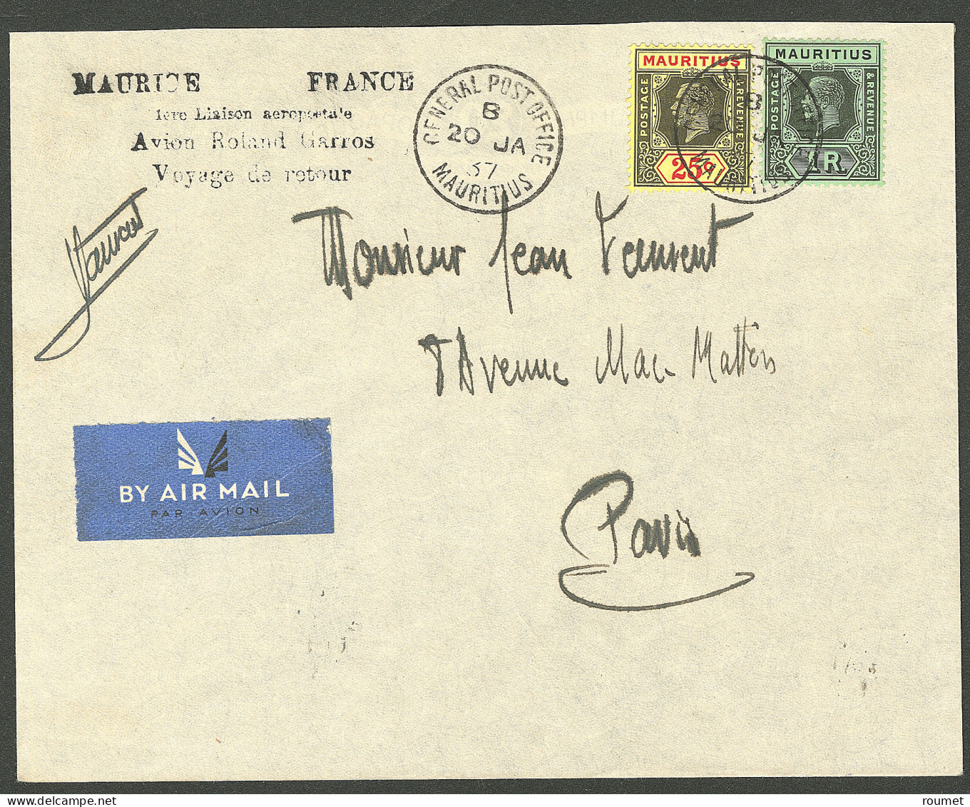 Lettre 20.01.37. 1e Liaison Aéropostale Maurice-France. Enveloppe Avec Griffe Spéciale Avion Roland Garros Voyage De Ret - Autres & Non Classés