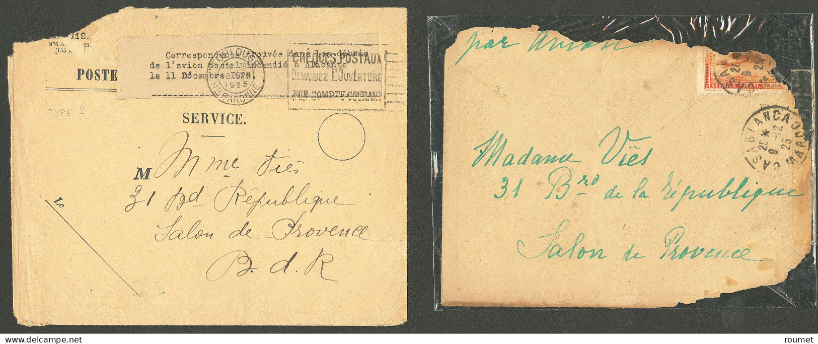 Lettre 11.12.25 Alicante, Ligne Latécoère Casablanca-Toulouse. Enveloppe Brulée De Casablanca 9.12.25 Dans Son Enveloppe - Other & Unclassified