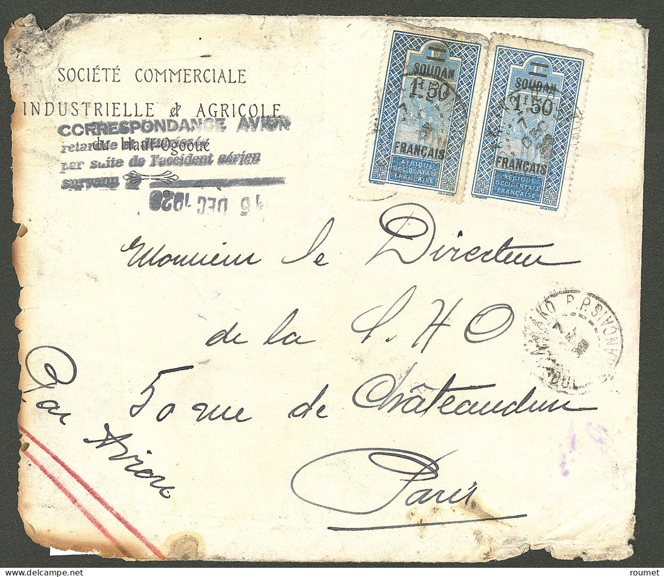 Lettre 15.12.28 Malgrat (Espagne). Ligne Casablanca-Toulouse. Enveloppe De Bamako Pour Paris, Avec Griffe 4 Lignes Et Da - Other & Unclassified