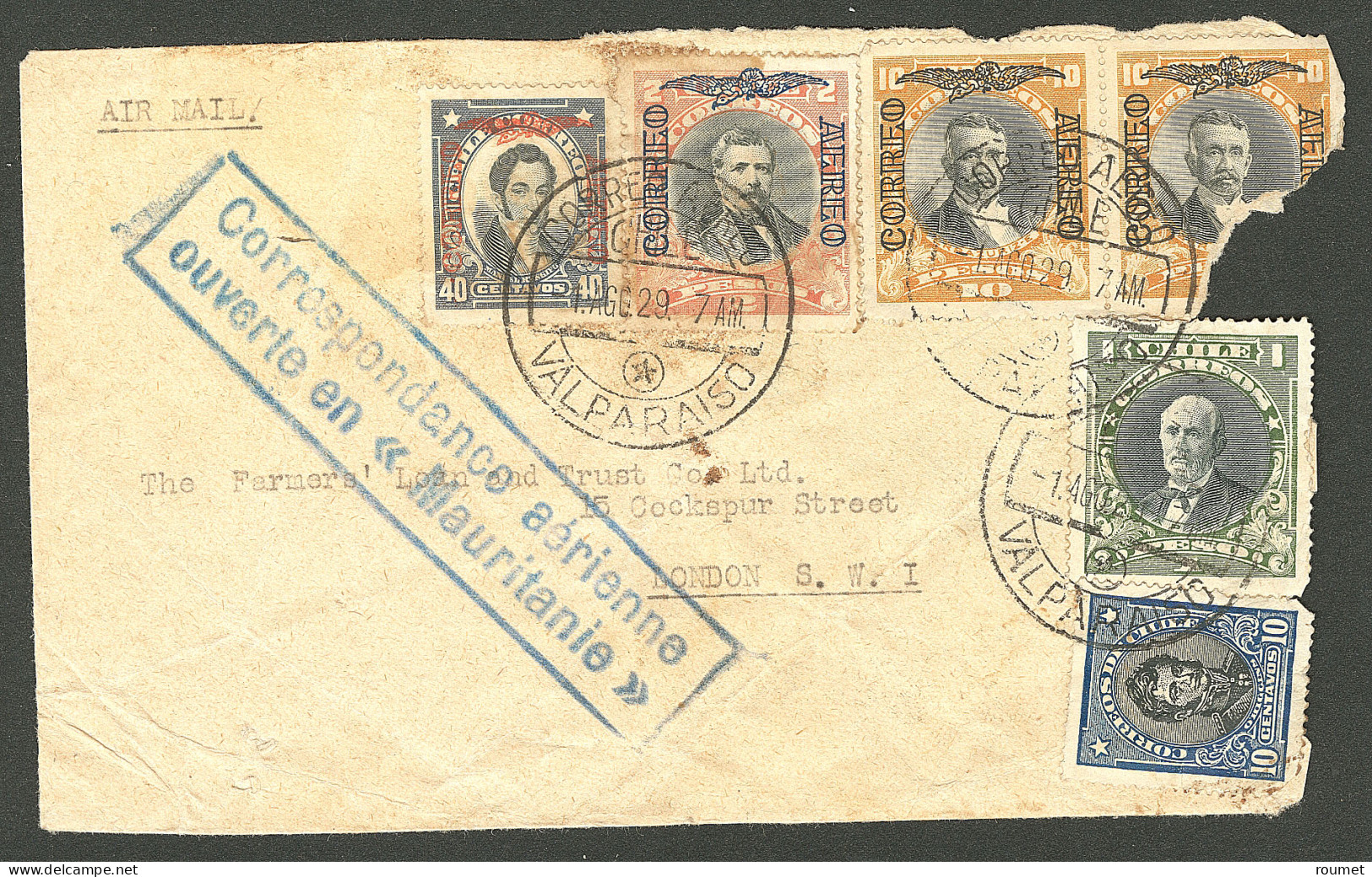 Lettre 11.08.29. Tizmit (Mauritanie). Enveloppe (def) De Valparaiso Pour Londres Avec Griffe Bleue Deux Lignes, Encadrée - Autres & Non Classés