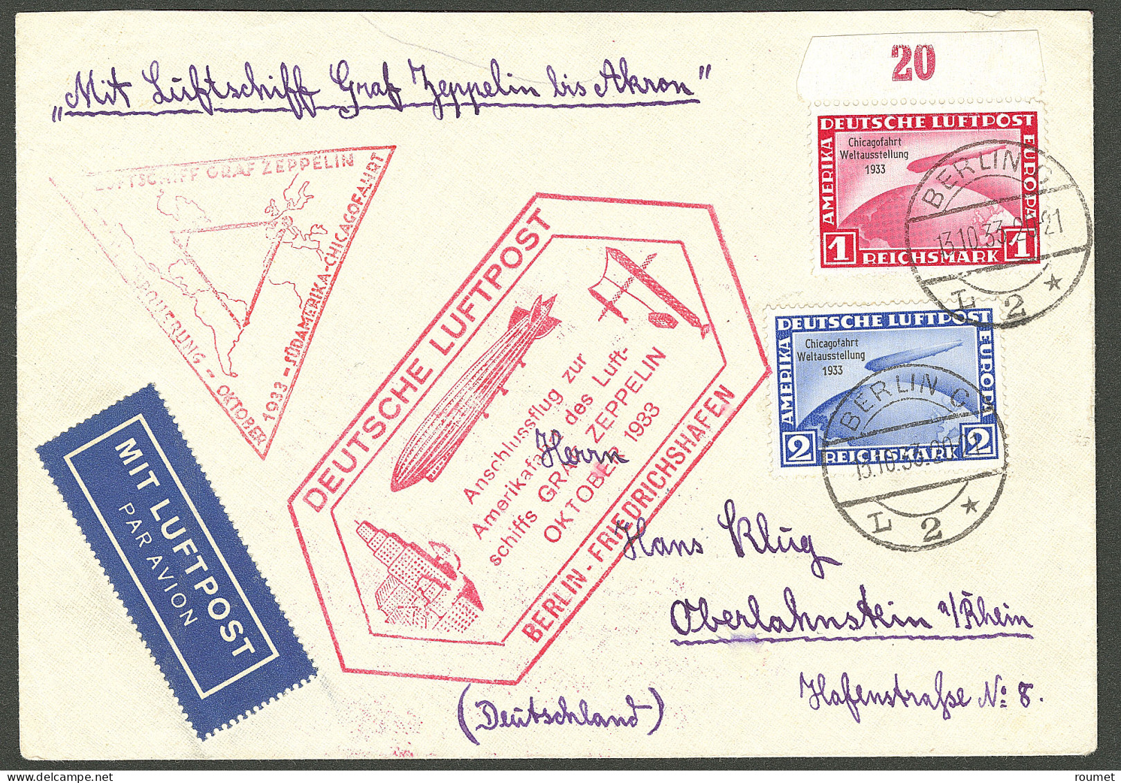 Lettre Chicago Fahrt 1933. Enveloppe Afft Allemagne PA 42A + 42B, Obl Berlin 13.10.33, Avec CS Divers Et Cad De Passage  - Other & Unclassified