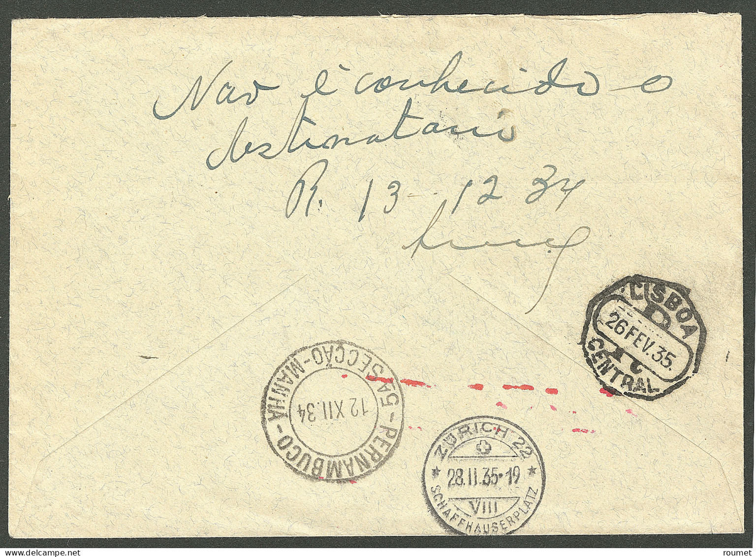 Lettre Süd Amerika Fahrt 1934. Enveloppe Afft Suisse Divers, Recommandée Du 6.12.34, Pour Le Brésil, Arr. Pernambuco, Av - Autres & Non Classés