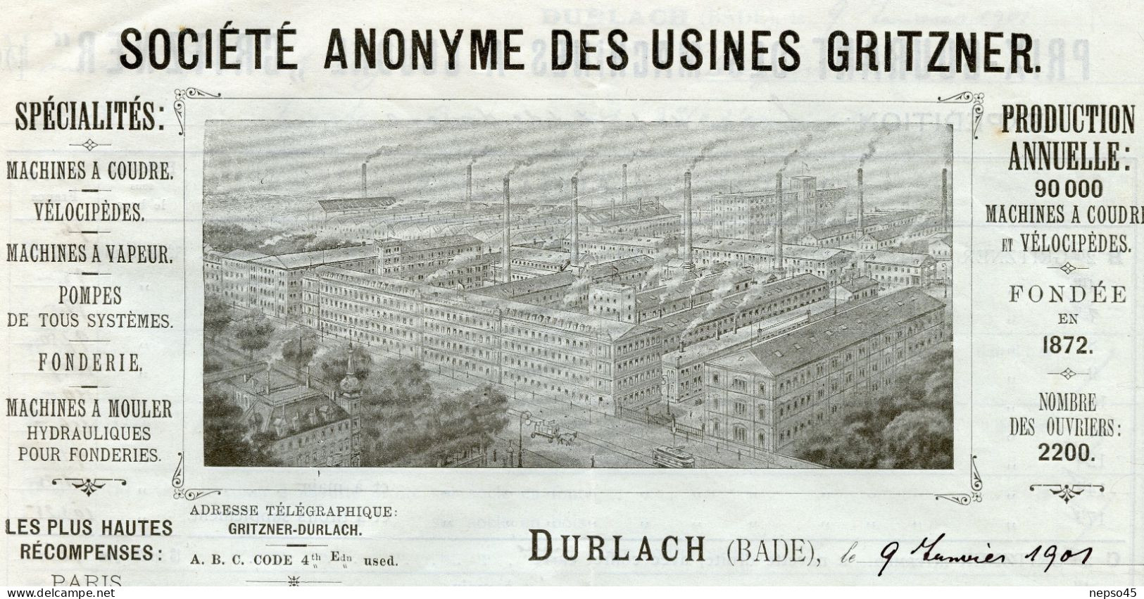 Usines Gritzner.Durlach.Bade Allemagne.Tarif 1901.Machines à coudre à coffret rond,carré,à bras bas à main sur socle.