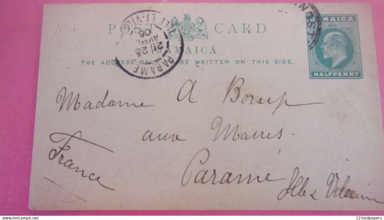 ENTIER POSTAL 1906 JAMAICA KINGSTON TO PARAME FRANCE ILE ET VILAINE - Antillas Holandesas