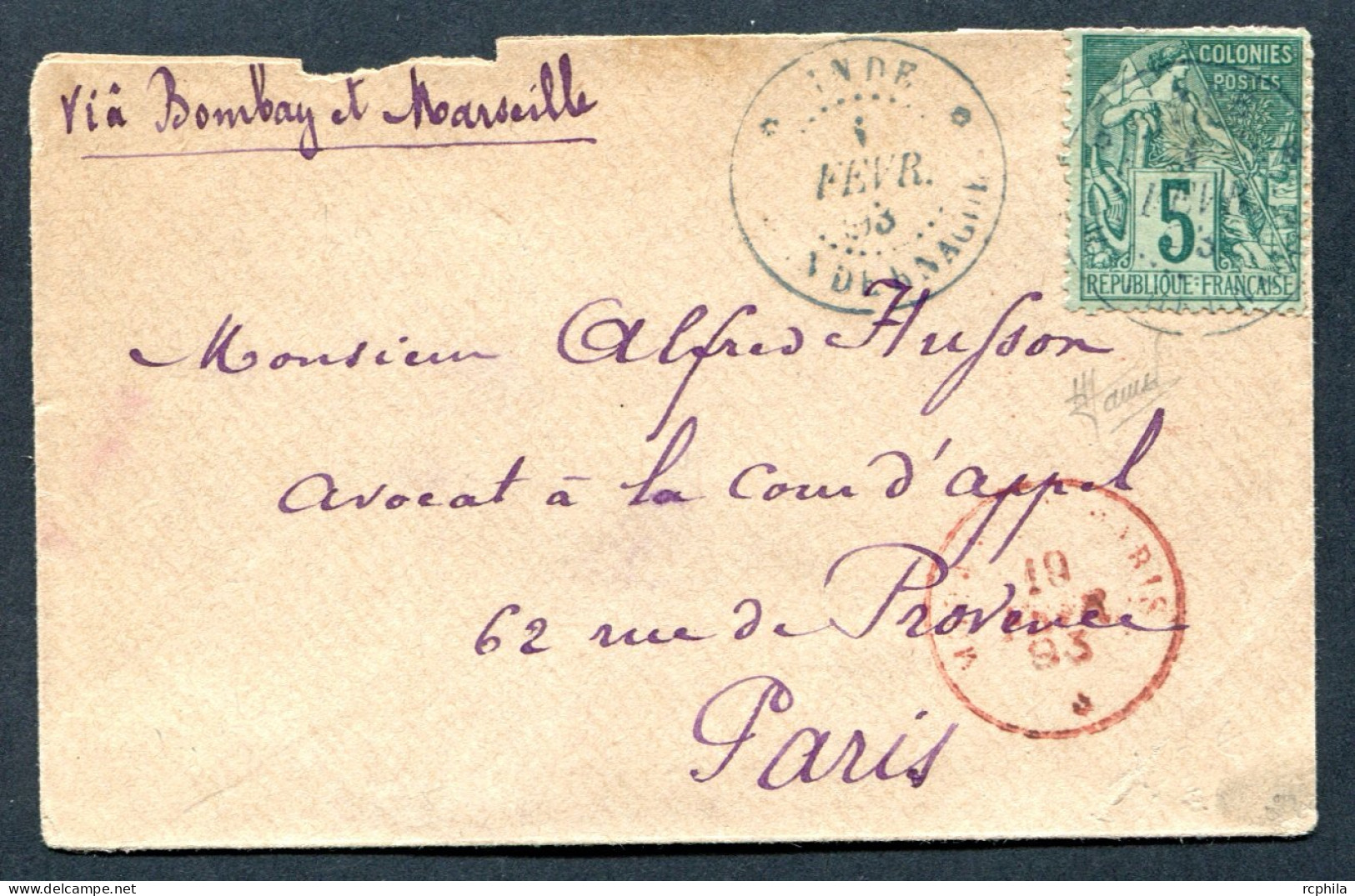 RC 25735 INDE 1893 CHANDERNAGOR SUR LETTRE AU TARIF CARTE DE VISITE POUR LA FRANCE B/TB SIGNÉ JAMET - Briefe U. Dokumente