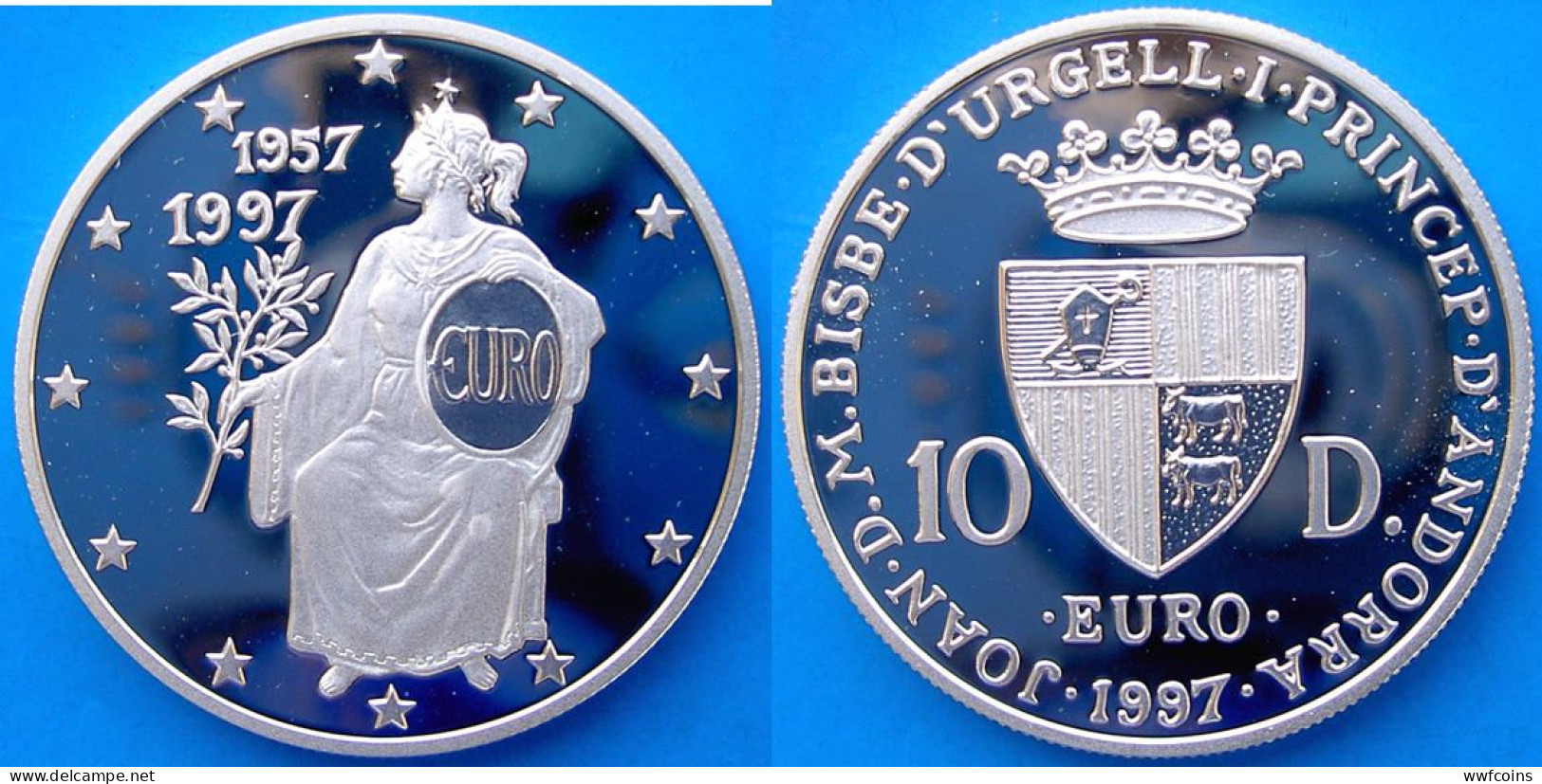 ANDORRA 10 D 1997 ARGENTO PROOF OLIVO EUROPA EURO. PESO 31,47g. TITOLO 0,925 CONSERVAZIONE FONDO SPECCHIO. - Andorre