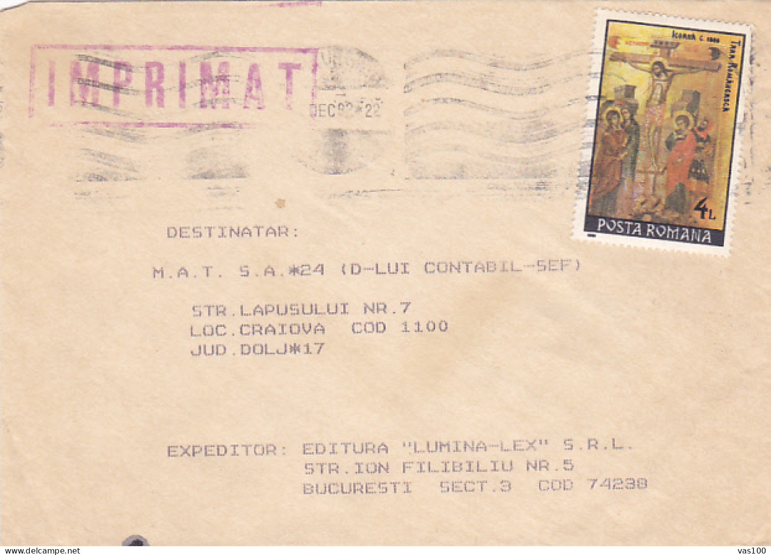 JESUS' CRUCIFIXION ICON, PAINTING, STAMP ON COVER, 1992, ROMANIA - Covers & Documents