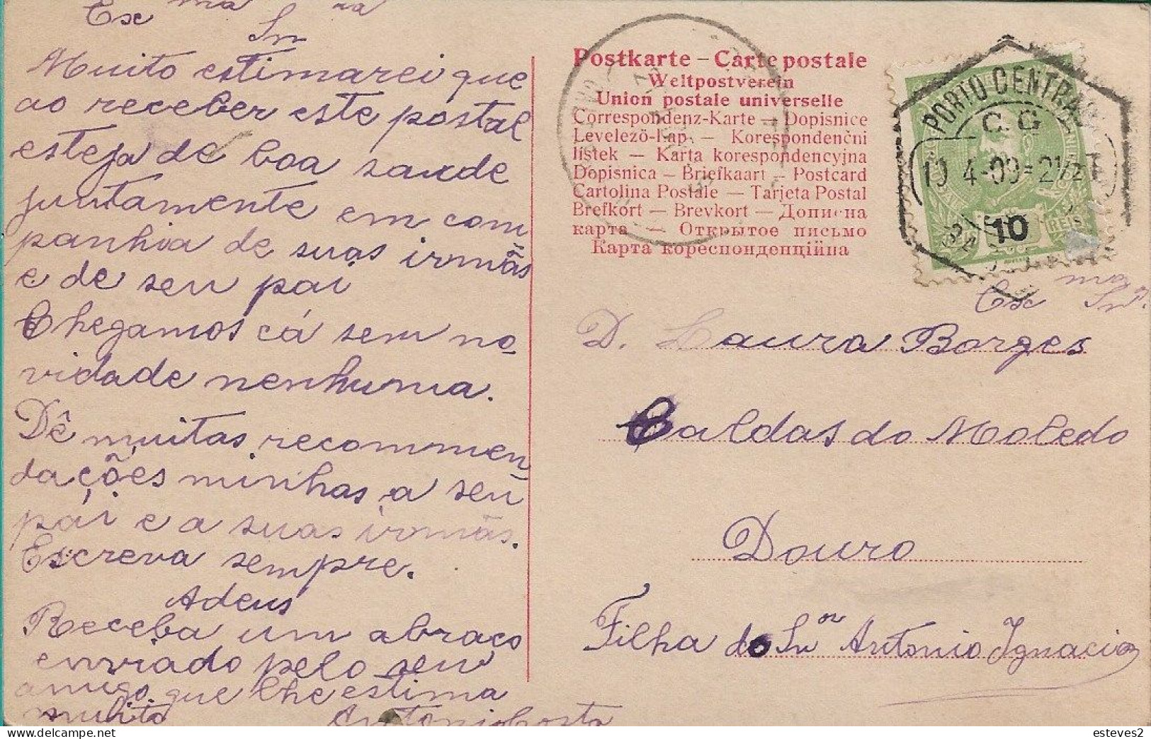 Portugal , 1909 , Fashion , Woman , From Porto To Caldas De Moledo , D. Carlos I Stamp - Mode