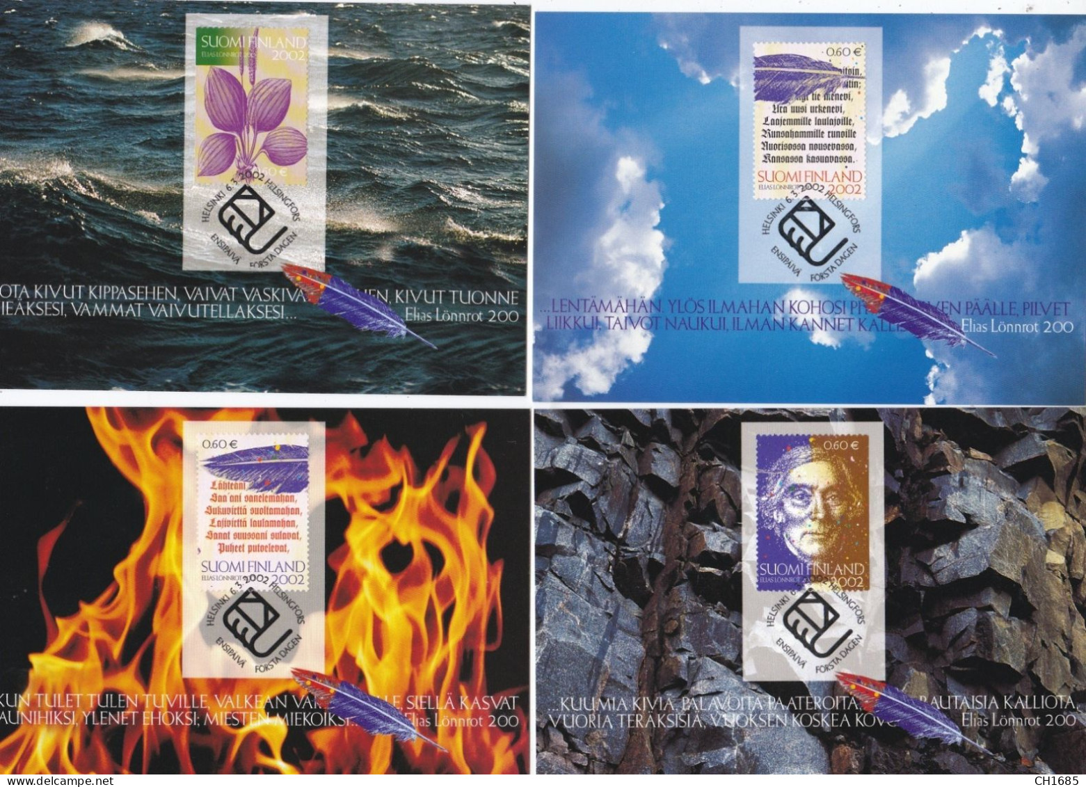 FINLANDE  : Cartes-maximum : Série De 4 Cartes Elias Lönnrot Oblitération 06 03  2002 - Cartes-maximum (CM)