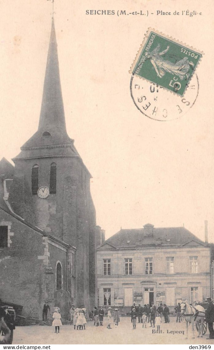 SEICHES (Maine-et-Loire) - Place De L'Eglise - Voyagé 191? (2 Scans) - Seiches Sur Le Loir
