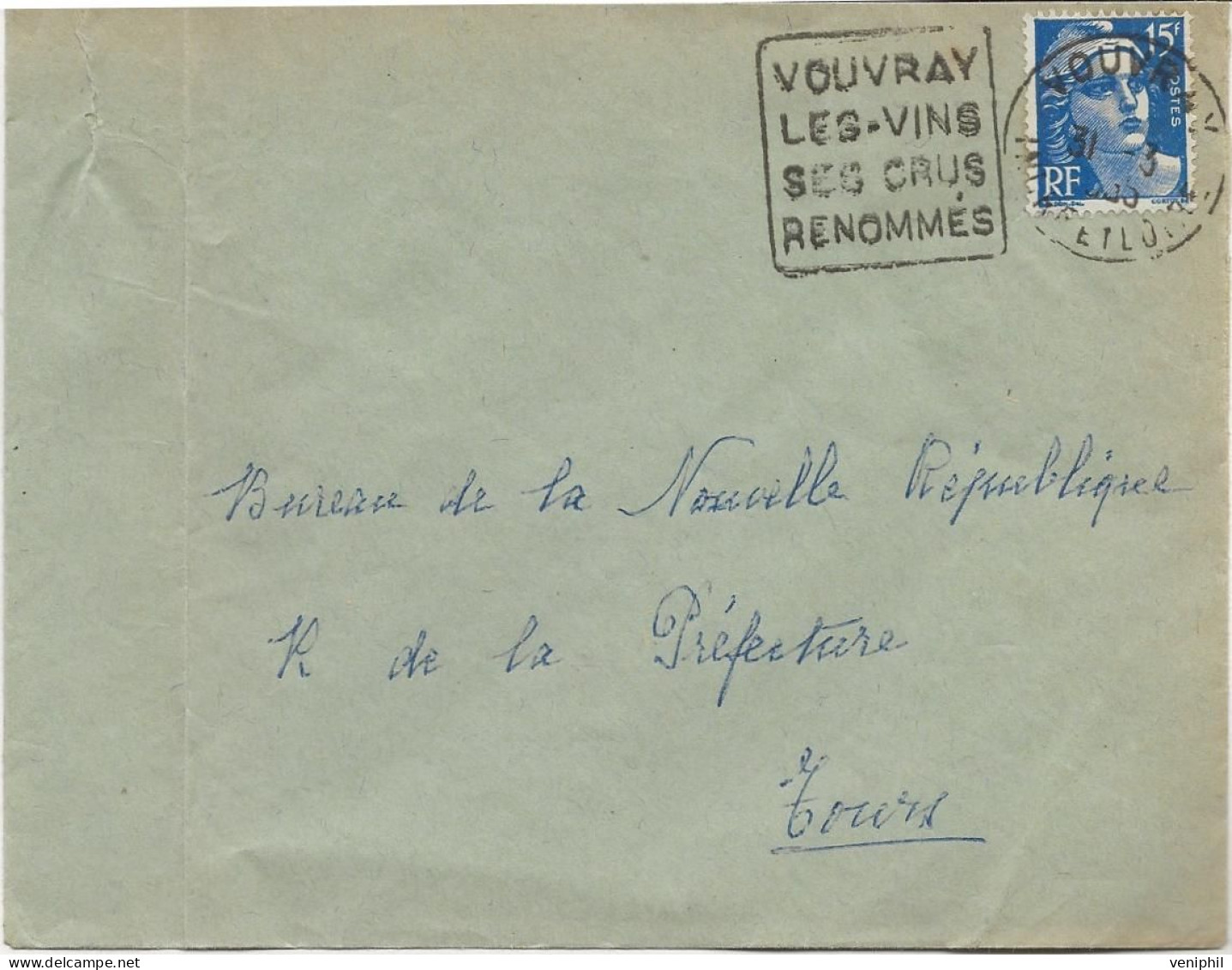 LETTRE AFFRANCHIE N° 886 - OBLITERATION DAGUIN " VOUVRAY -LES VINS -SES CRUS RENOMMES " ANNEE 1955 - Mechanische Stempels (varia)