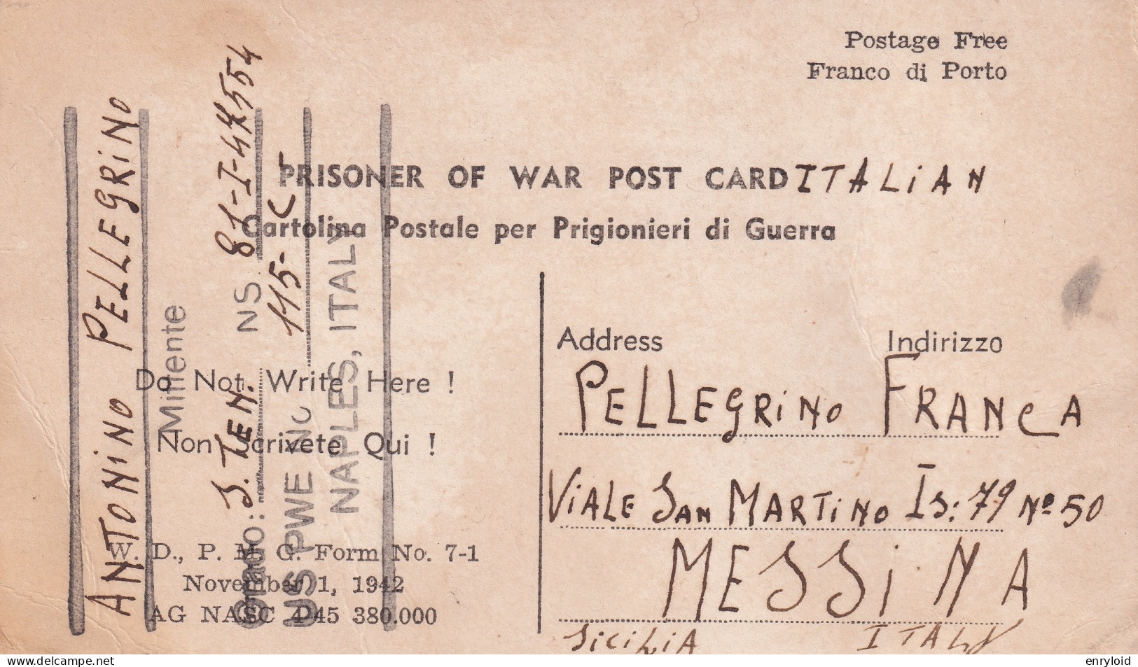 Franchigia Prigionieri Di Guerra US PWE Naples ( Italia Napoli ) 28 Giugno 1945 - Bagne & Bagnards