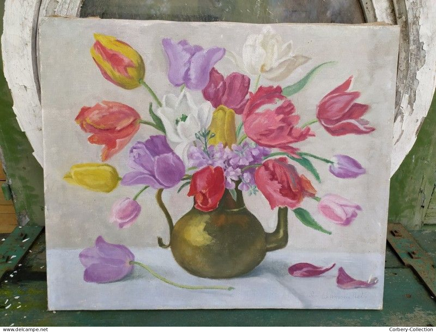 Tableau Nature Morte Bouquet De Tulipes Signé Simone Chamouillet - Huiles