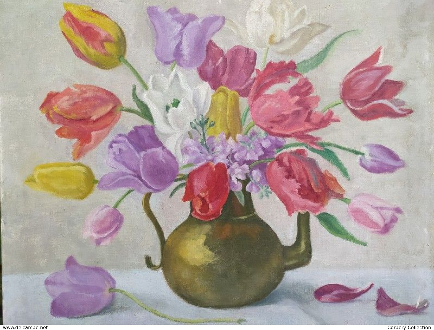 Tableau Nature Morte Bouquet De Tulipes Signé Simone Chamouillet - Huiles