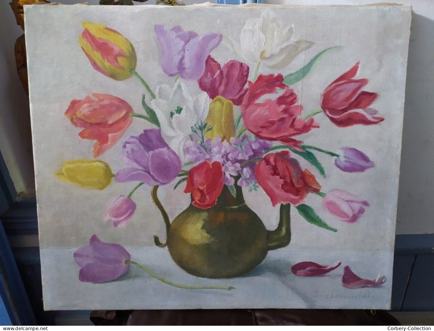 Tableau Nature Morte Bouquet de Tulipes Signé Simone Chamouillet