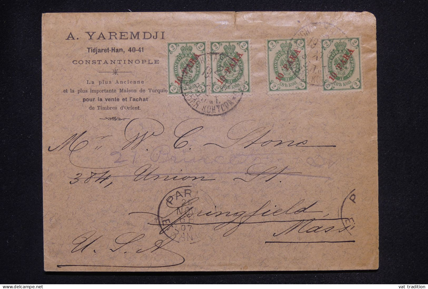 LEVANT RUSSE - Enveloppe Commerciale De Constantinople Pour Les USA En 1907 Via Paris - L 147043 - Levante