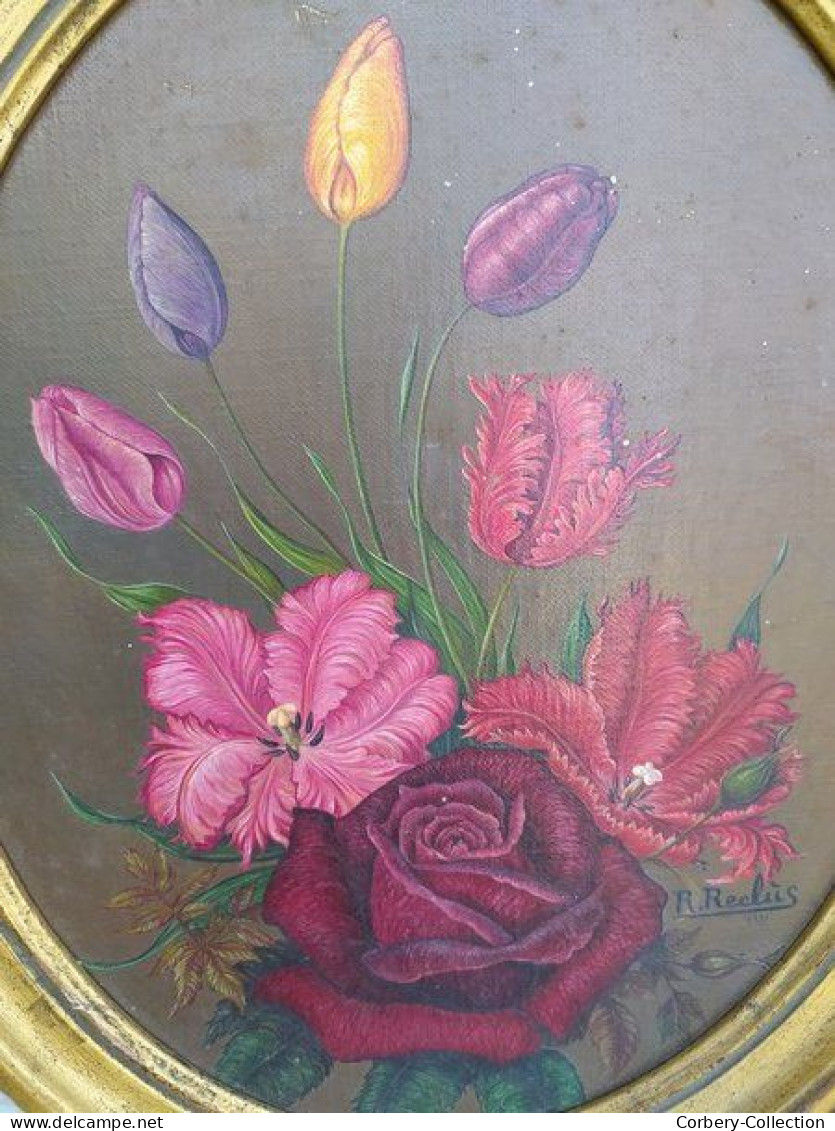 Tableau Bouquet De Fleurs Tulipes & Roses Signé - Huiles