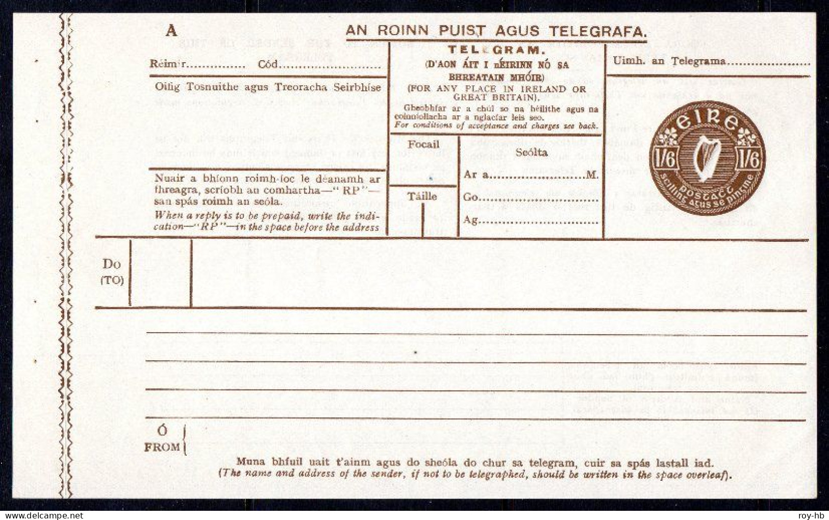 Telegram Form, 1929 1/6 "all Brown" With Original Interleaving Showing A Clear Albino Impression Of The Indicia. - Interi Postali