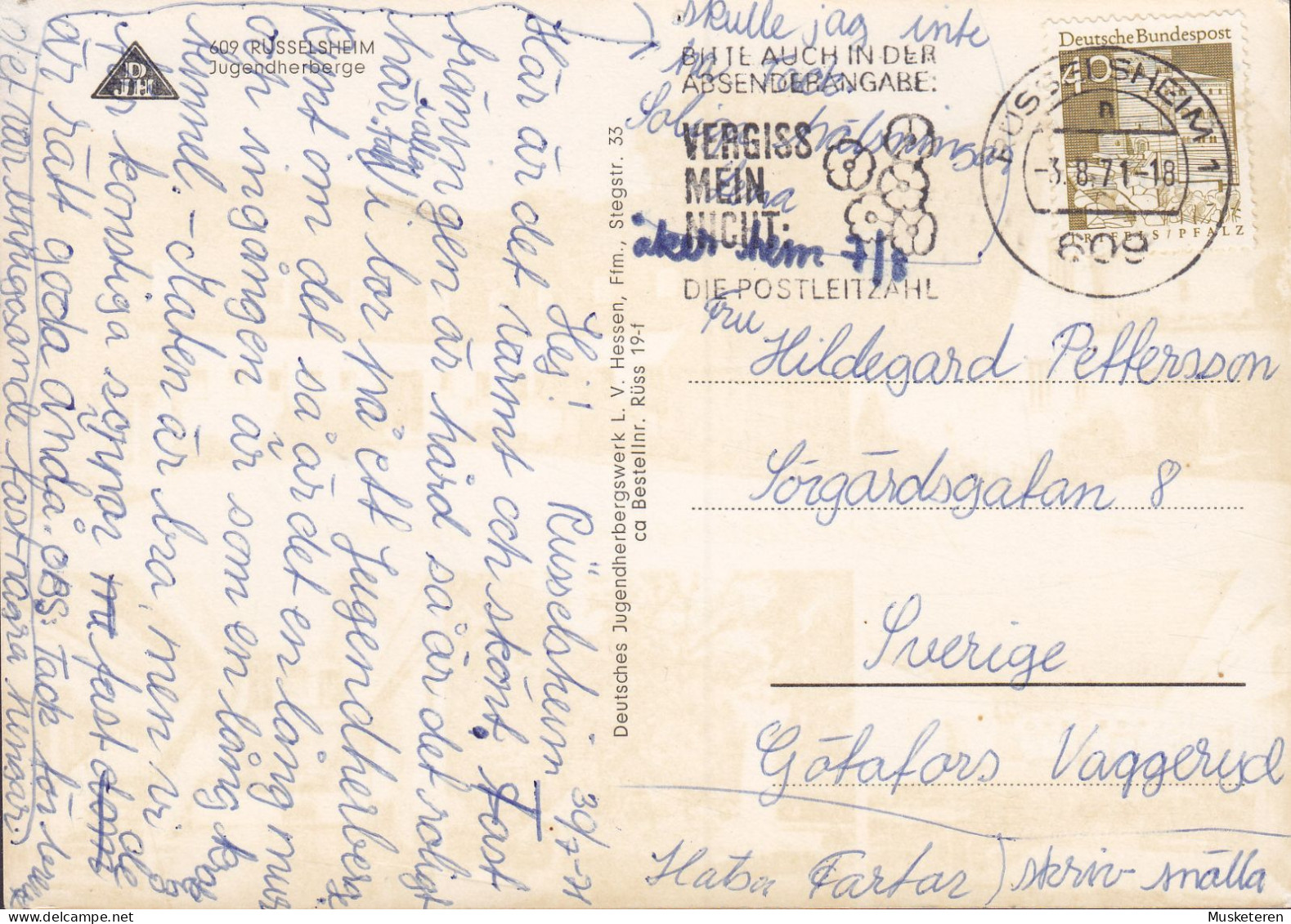 Bundespost PPC Rüsselsheim Jugendherberge L. V. Hessen Slogan RÜSSELSHEIM 1971 GÖTAFORS Vaggaryd Sweden (2 Scans) - Rüsselsheim