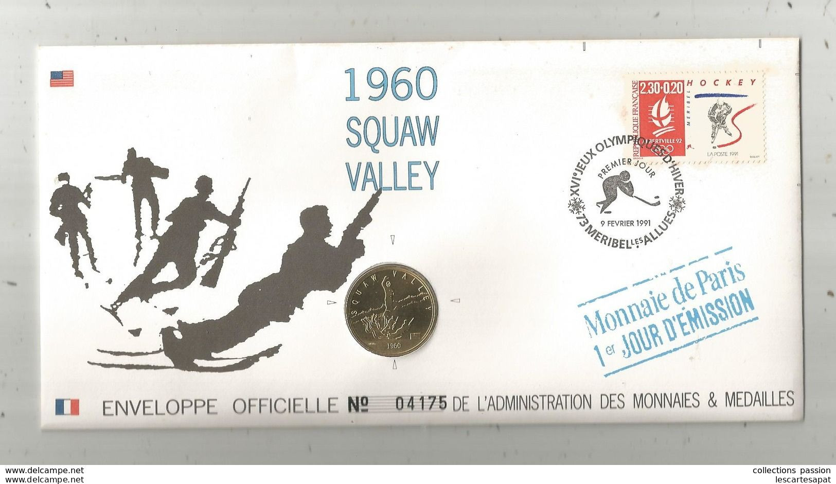 Monnaie De Paris + Enveloppe Officielle Administrati Monnaies Médailles 1960 Squaw Valley Jeux Olympique Méribel - Other & Unclassified