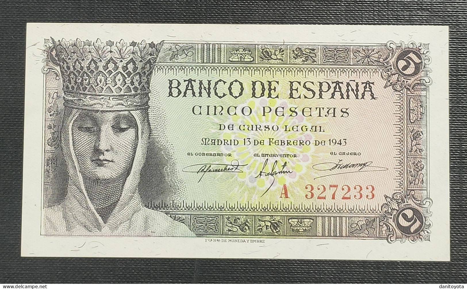 ESPAÑA EDIFIL 446a. 5 PTAS 13 DE FEBRERO DE 1943 SERIE A SIN CIRCULAR. - 5 Pesetas