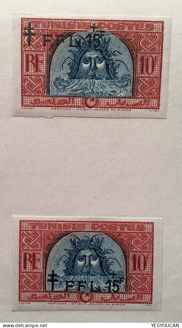 Tunisie 1949 Essai De Surcharge RRR ! #333 Neptune+FFL FRANCE LIBRE(art Romain Roman Mythology Mosaique Mythologie Essay - Unused Stamps