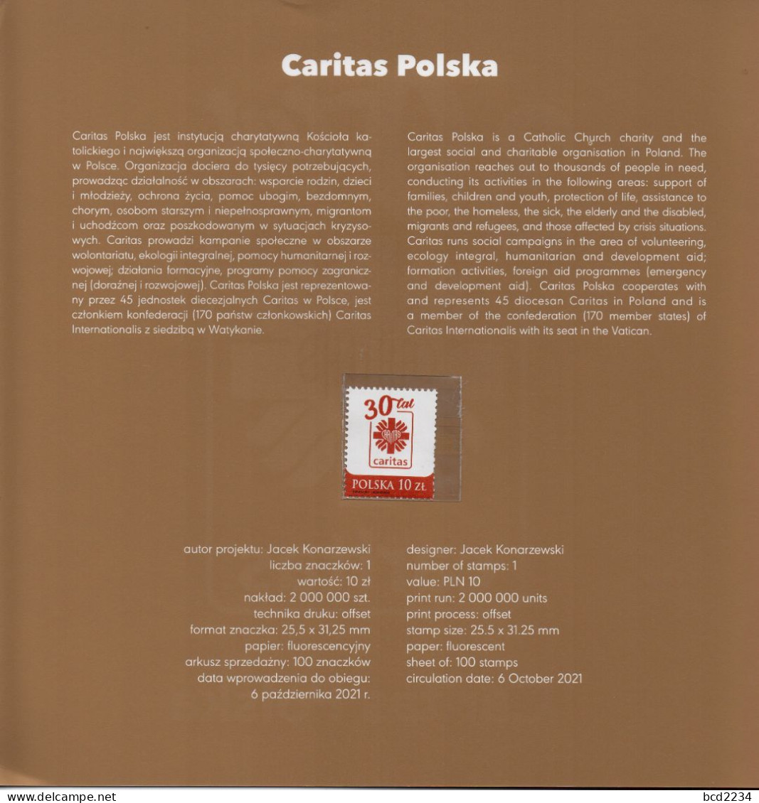 POLAND 2021 SPECIAL LIMITED EDITION PHILATELIC FOLDER: 30 YEARS CHURCH CHARITY HOME & ABROAD AID & EMERGENCY RELIEF - Covers & Documents