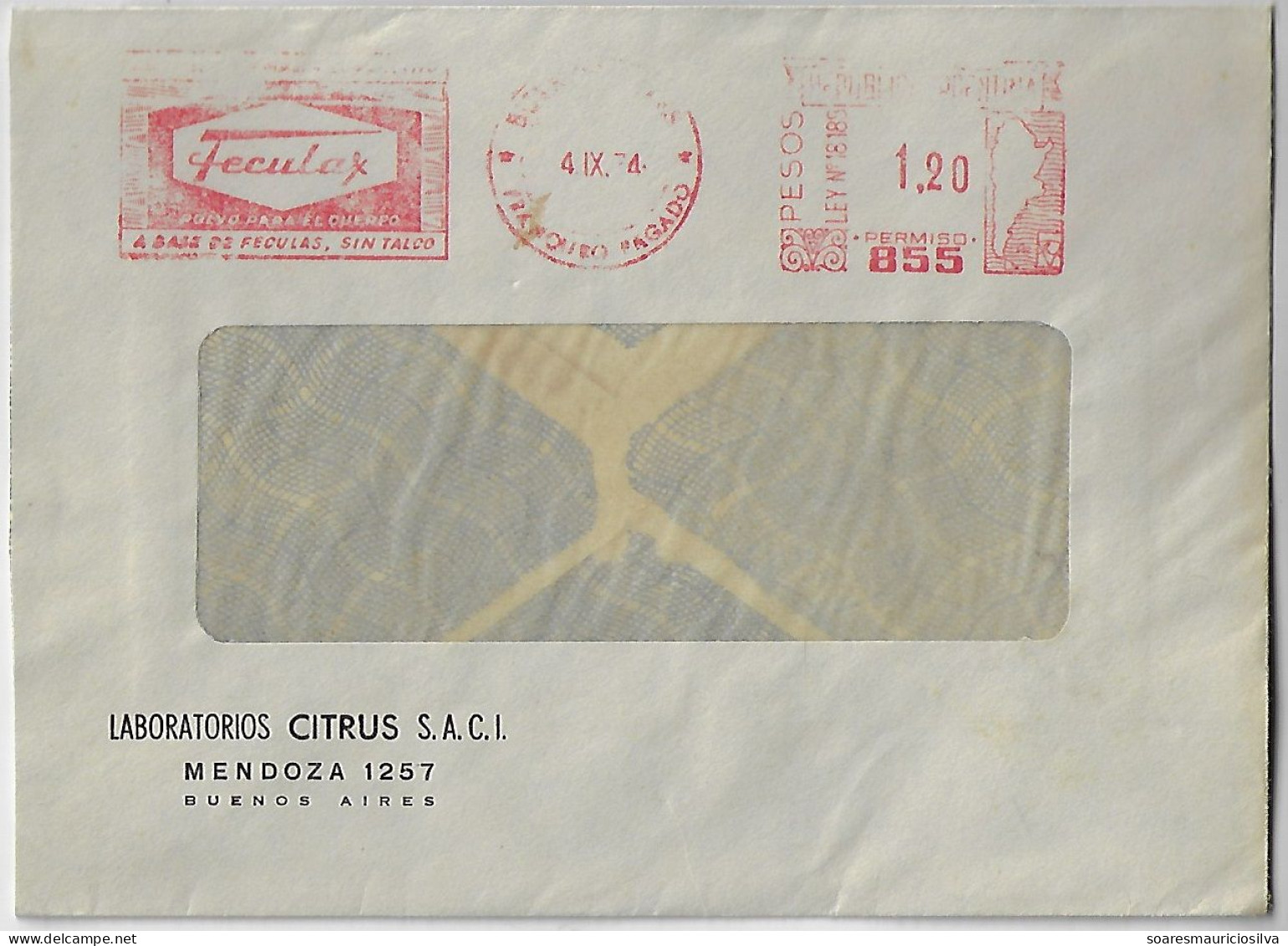 Argentina 1974 Citrus Laboratory Cover Buenos Aires Meter Stamp Hasler Slogan Feculax Starch-based Body Powder Talc-free - Covers & Documents