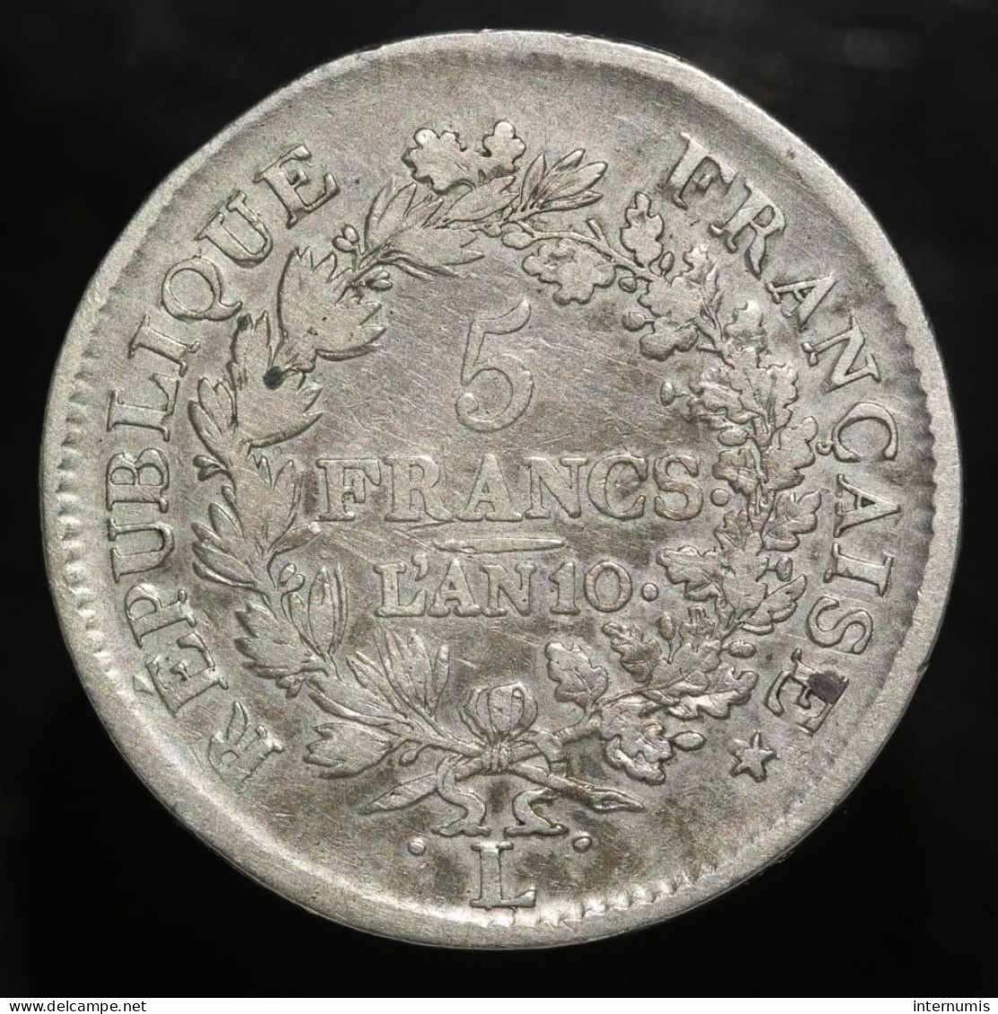 France, Union & Force, 5 Francs, An 10 (Year 10), L - Bayonne, Argent (Silver), TB (F), G.563a, F. 300/6 - 1795-1799 Direktorium