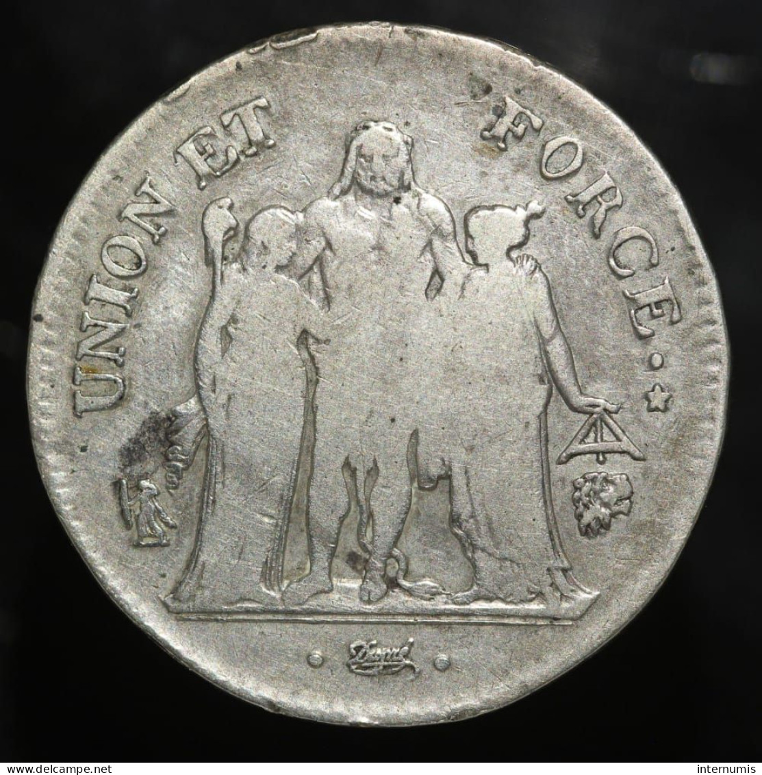 France, Union & Force, 5 Francs, An 10 (Year 10), L - Bayonne, Argent (Silver), TB (F), G.563a, F. 300/6 - 1795-1799 Direttorio