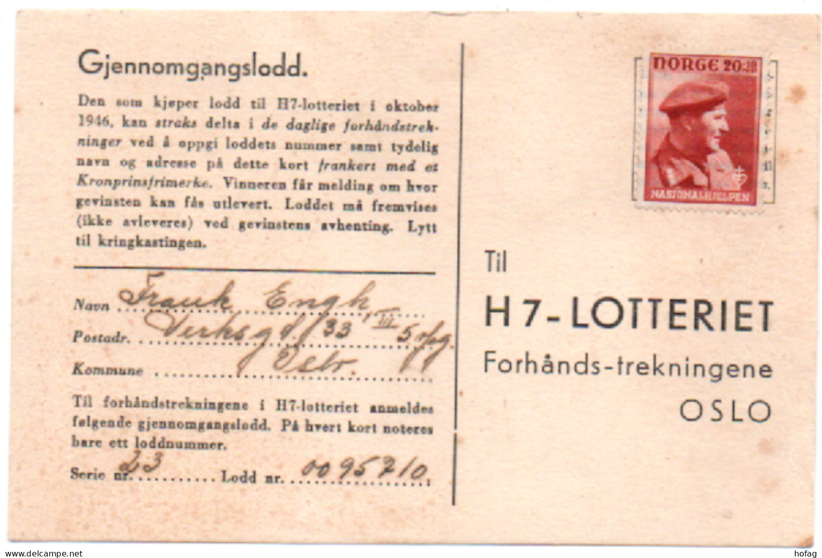 Norwegen 1946 MiNr: 312 Postkarte H7 Lotteriet Gestempelt; Norway Postcard Used Scott: B45 YT: 282 Sg: 377 - Briefe U. Dokumente