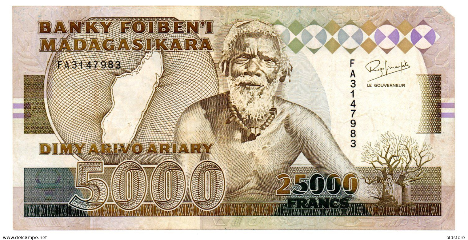 MADAGASCAR Banknotes - 25000 FRANCS - 5000 Ariary 1993 - LARGE BANKNOTES #3 - Madagaskar