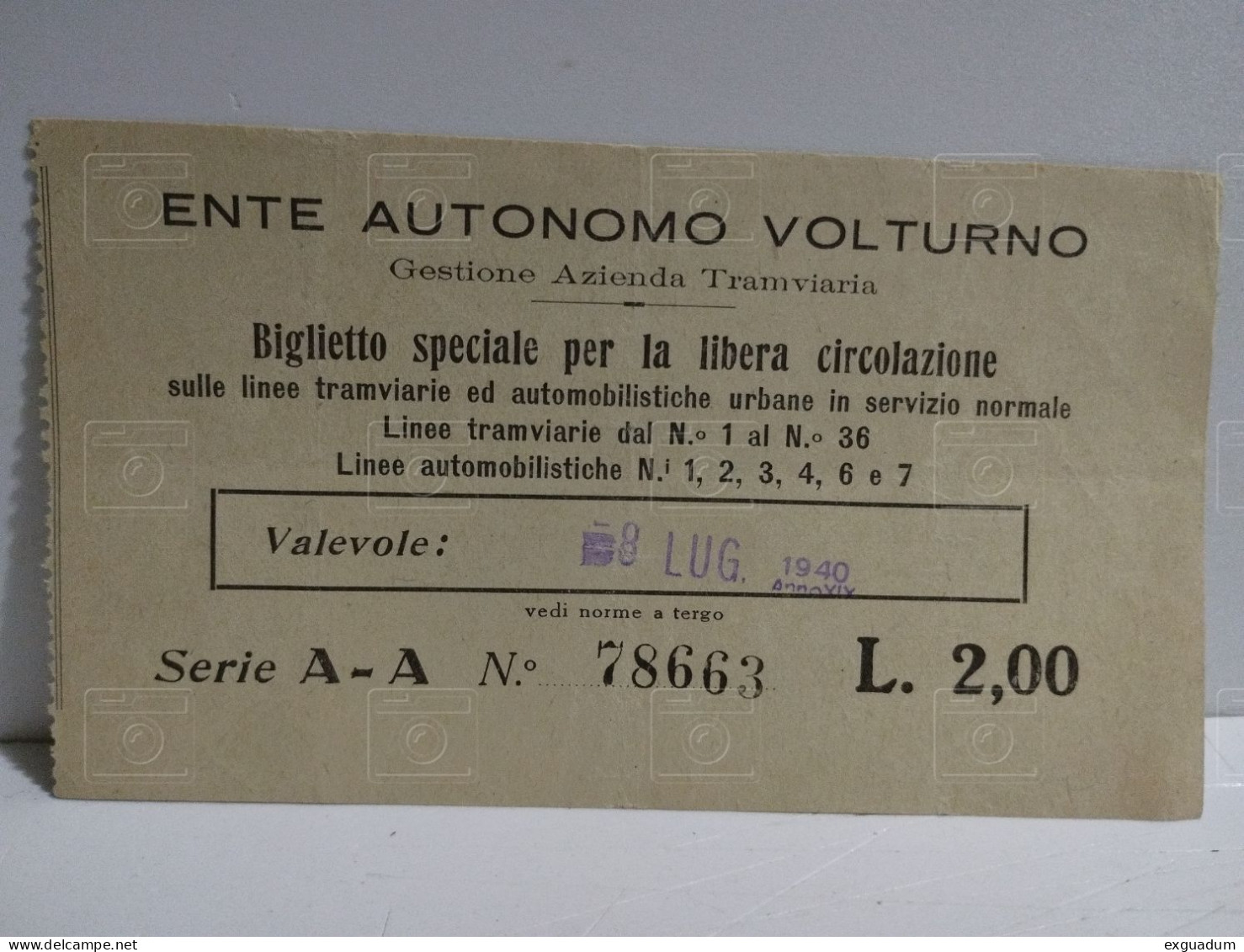 Daily Ticket Napoli ENTE AUTONOMO VOLTURNO Biglietto Speciale Per La Libera Circolazione Tramway Bus 1940 - Europe