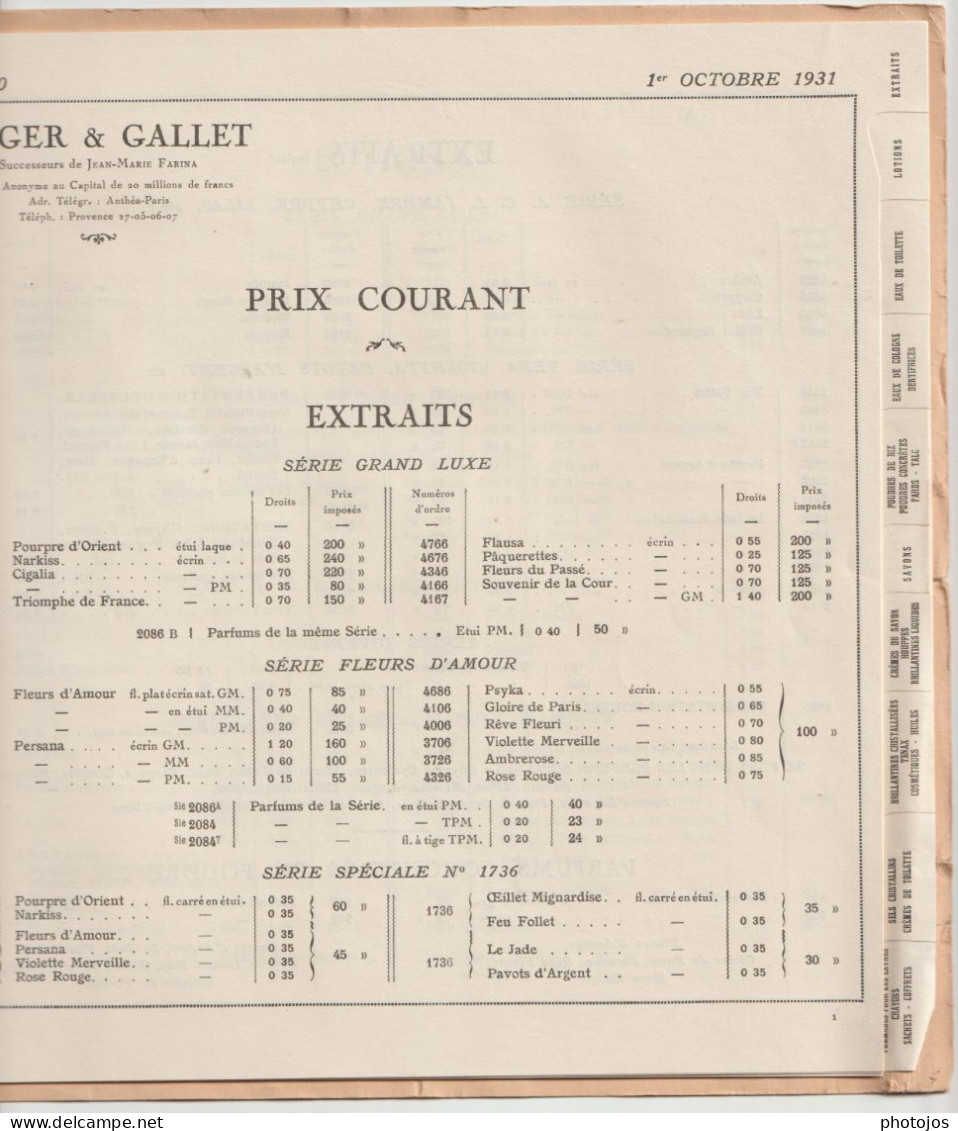 Catalogue 1932 Articles Roger Et Gallet Parfums Savons Poudre Crèmes ... Prix Courants Liste Complète Des Produits - Catálogos