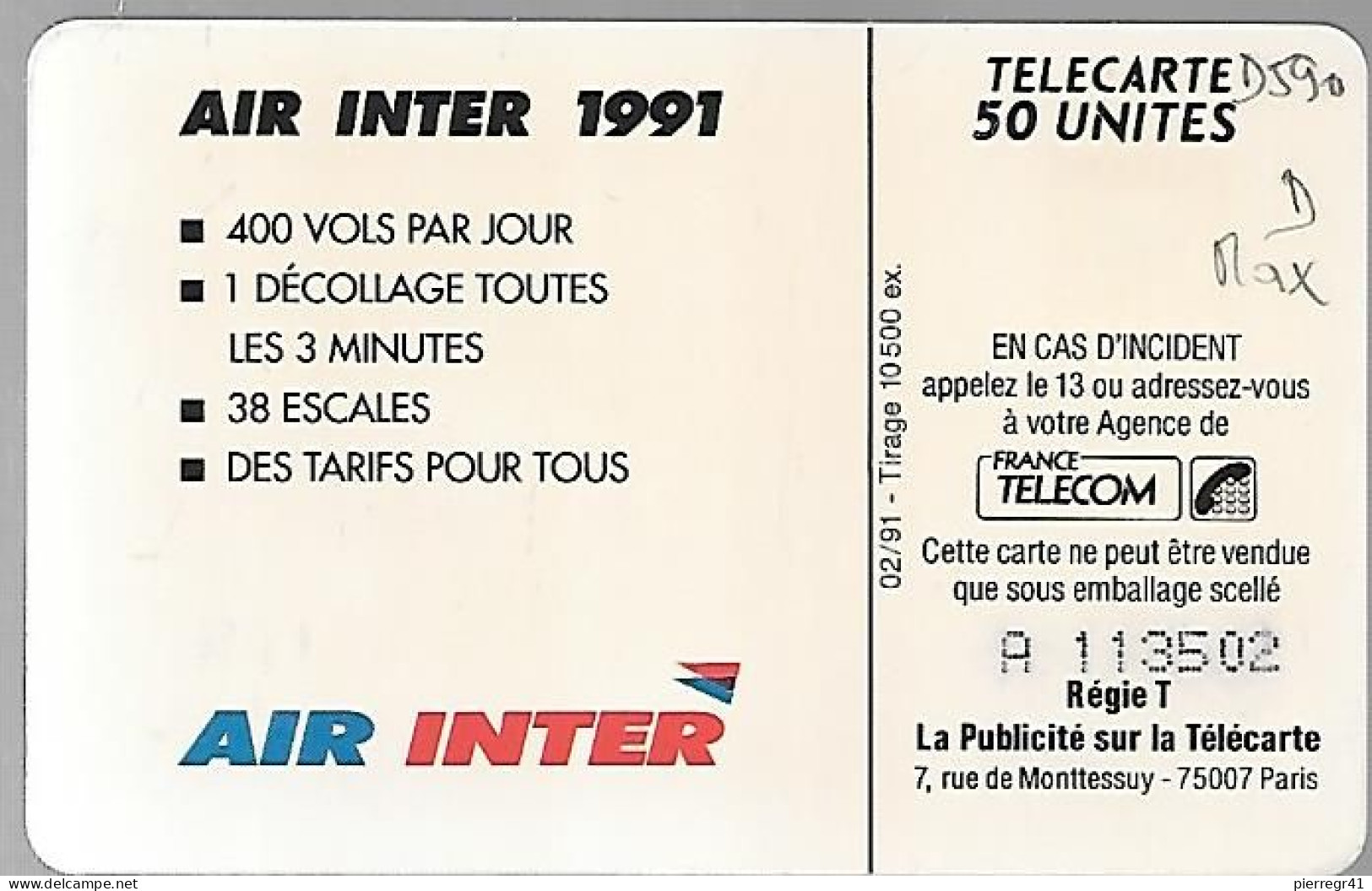 CARTE-PRIVEE-02/91-D590-50U-SO3-AIR INTER 2-N° Lot A113502-Utilisé-TBE - Privées