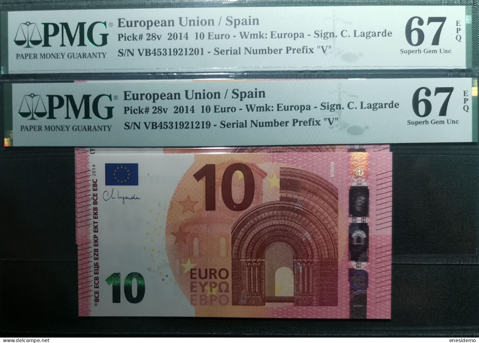 10 EURO SPAIN 2014 LAGARDE V011A1 VB FIRST POSITION CORRELATIVE PAIR SC FDS UNC. PMG 67 EPQ PERFECT - 10 Euro