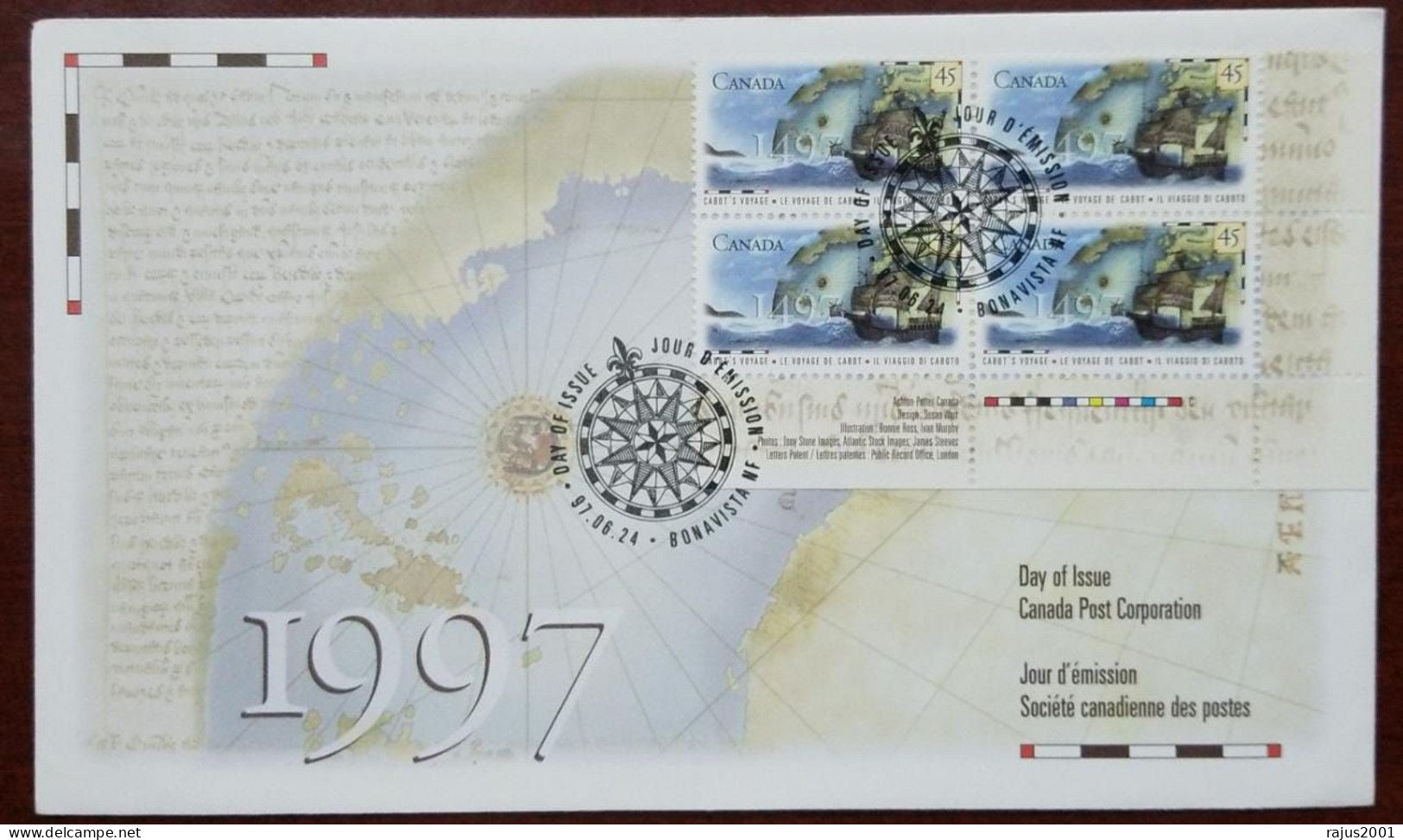 500th Anniversary Of Cabot's Expedition, Cabot's Voyage, JOHN CABOT, Italian Navigator and Explorer, Compass, Canada FDC - Esploratori E Celebrità Polari